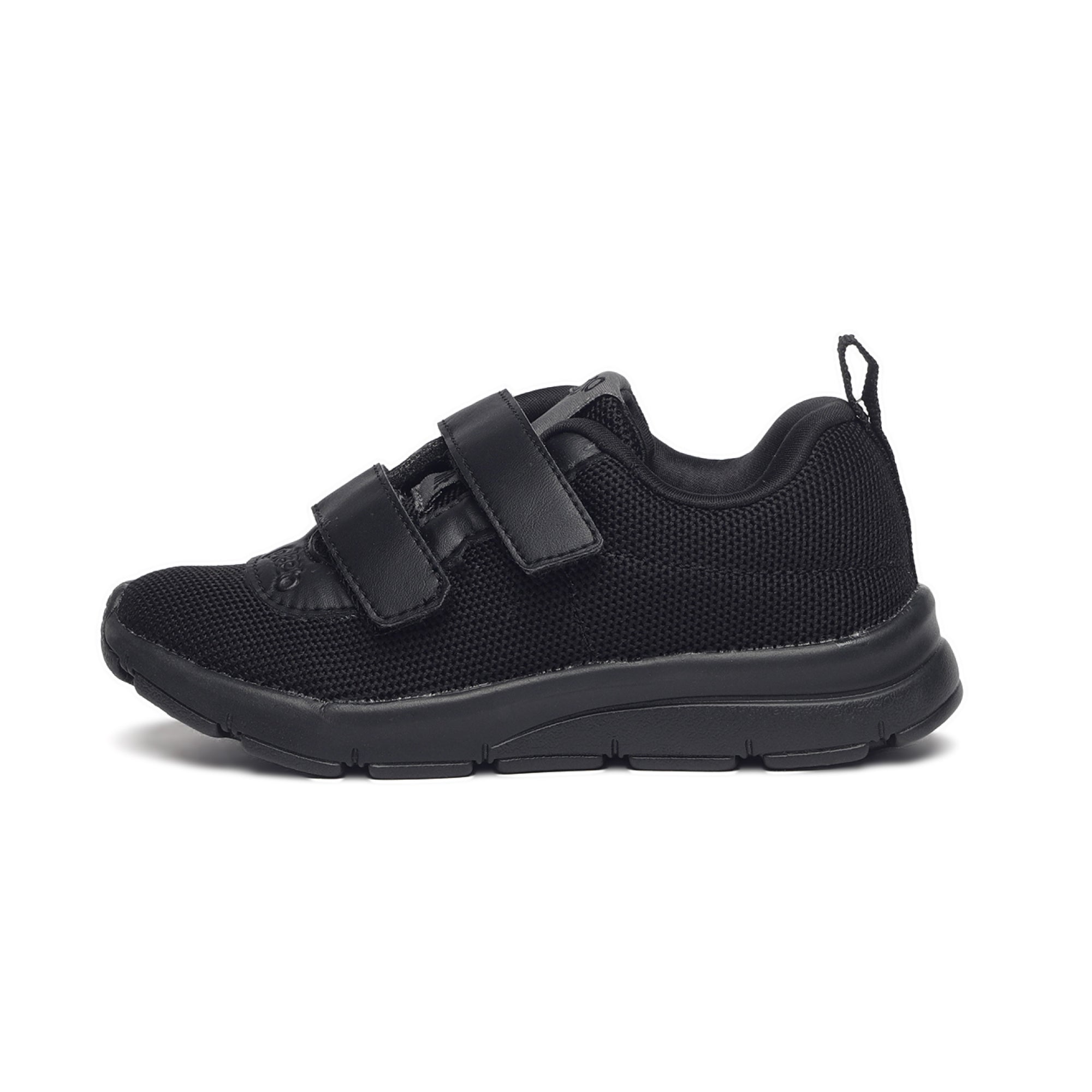 A single black school shoe with Velcro straps and a textured sole designed for children.