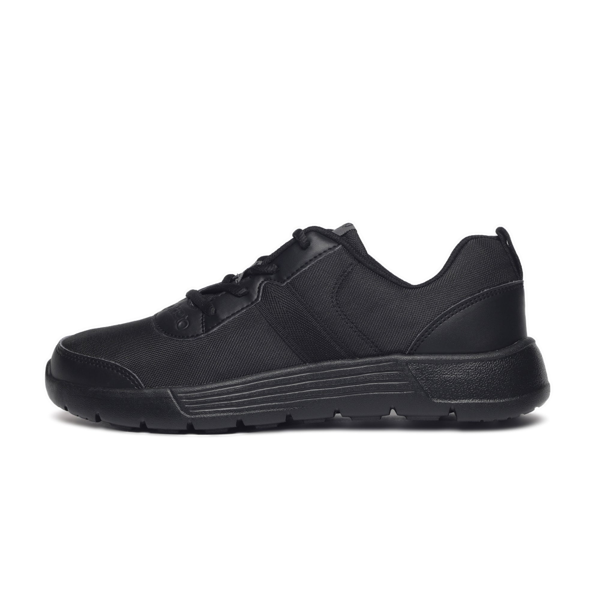 A pair of black Aspire Multiplay School Shoes with Tilt Lacing designed for children.