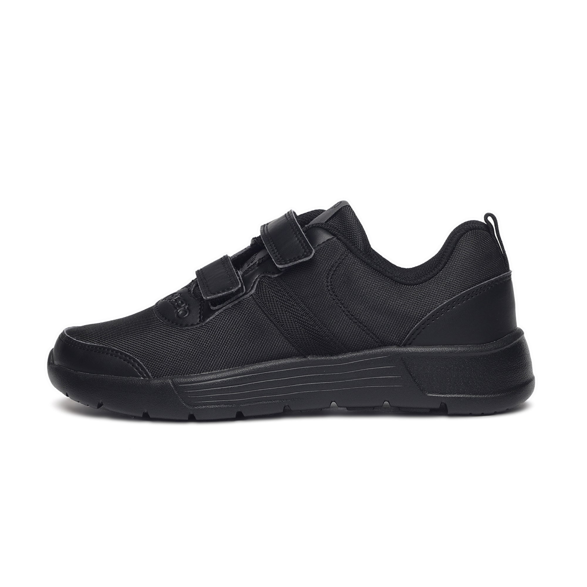 A black school shoe with Velcro straps and a flat sole, designed for children.