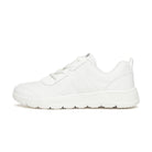 A white school shoe with lace-up closure and a flat sole, designed for children.