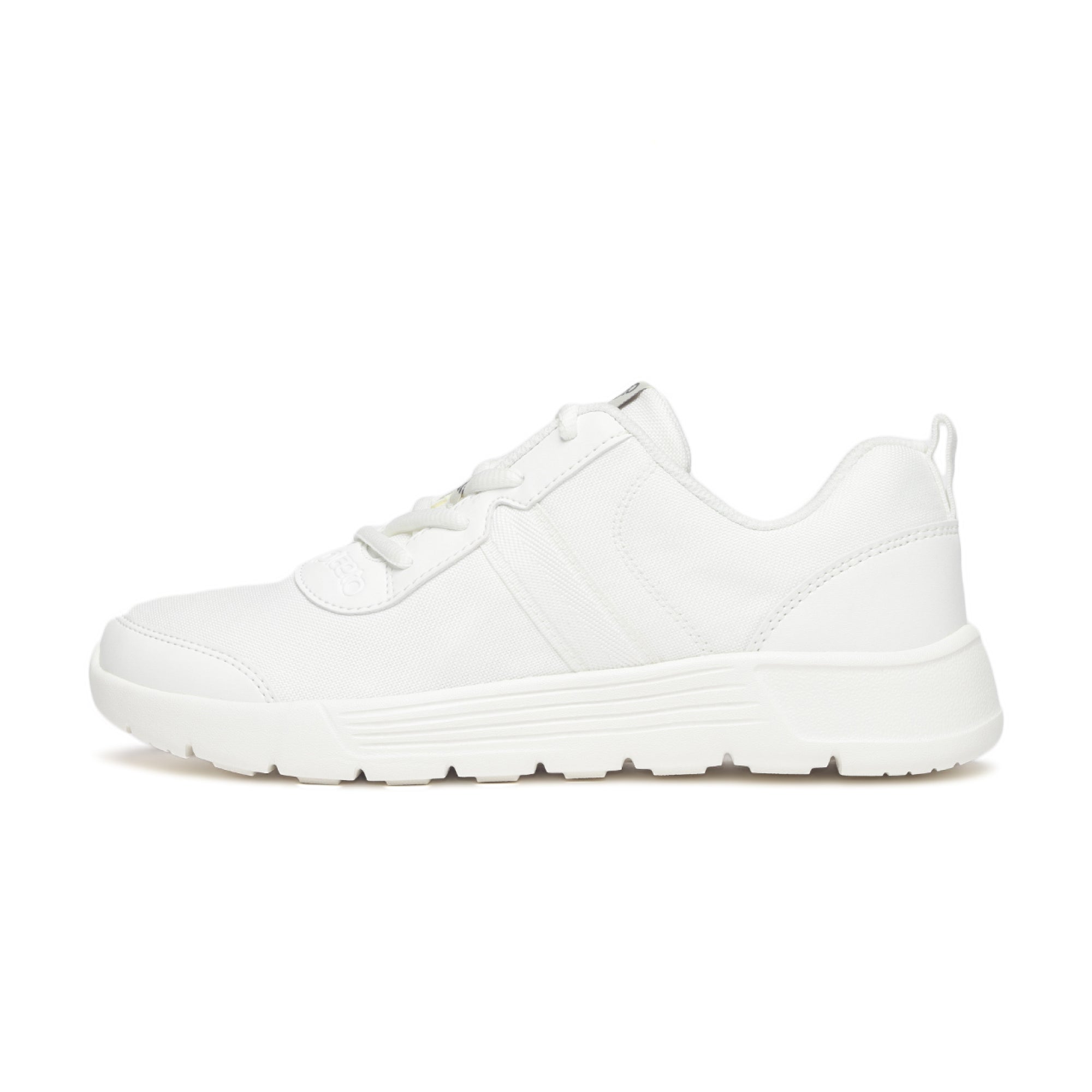 A white school shoe with lace-up closure and a flat sole, designed for children.