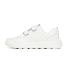 A white school shoe with Velcro straps and a chunky sole, designed for children.