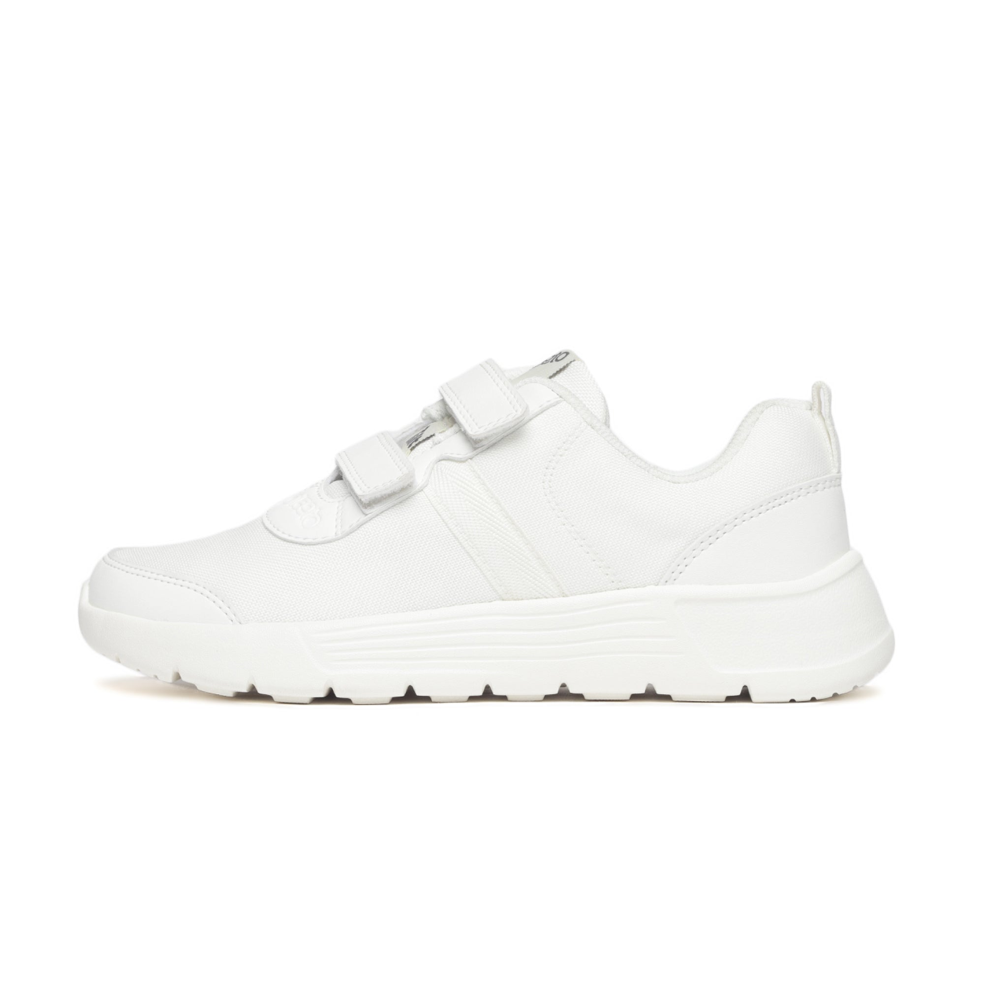 A white school shoe with Velcro straps and a chunky sole, designed for children.